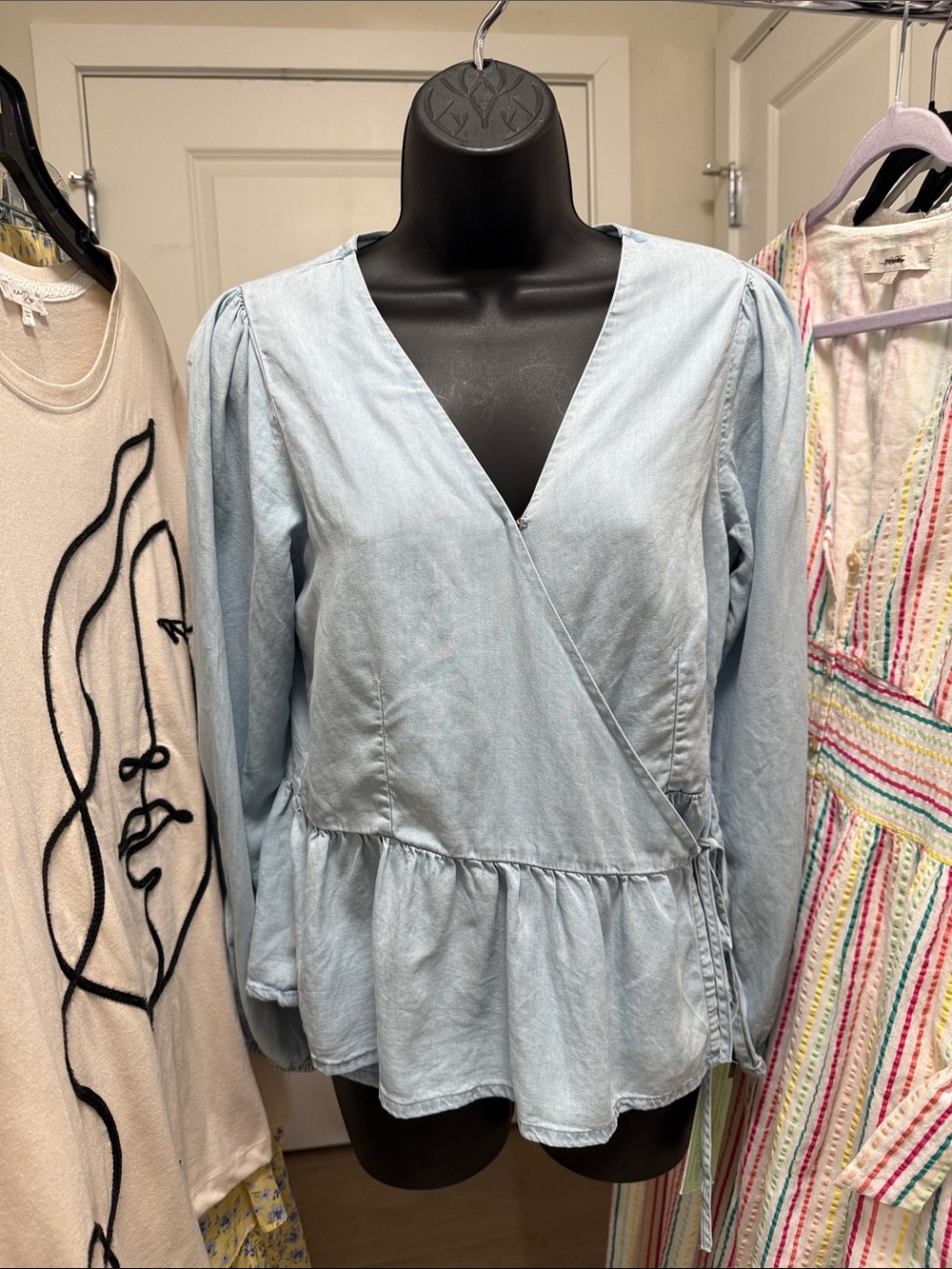 Light Blue Wrap Peplum Long-Sleeve Top